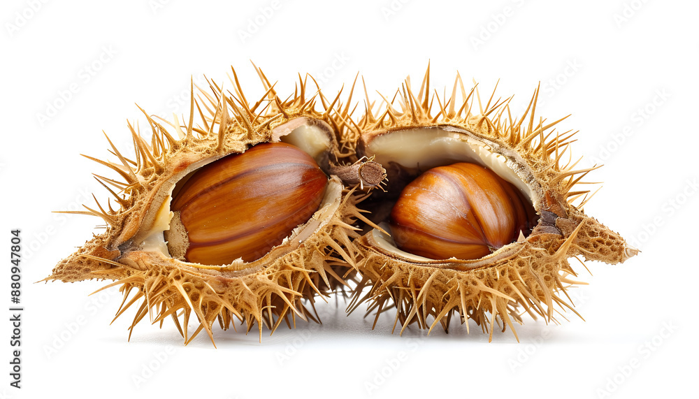 opened sweet chestnut in its spiky husk isolated on white opened sweet chestnut in its spiky husk isolated on white