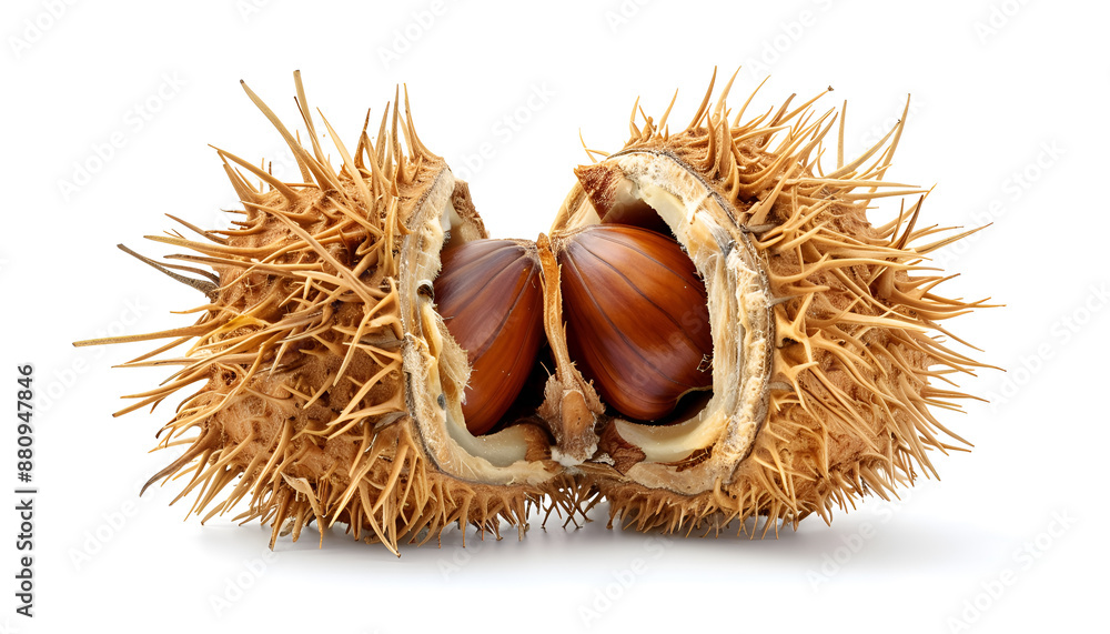 opened sweet chestnut in its spiky husk isolated on white opened sweet chestnut in its spiky husk isolated on white