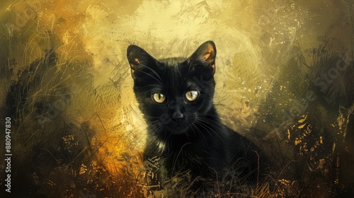 Black cat portrait in summer landscape