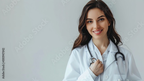Smiling female doctor in white coat with stethoscope, standing against a plain background. Professional and confident healthcare worker.