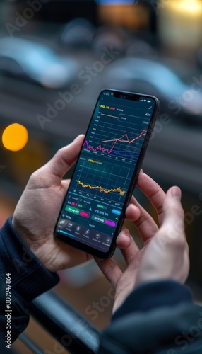 Wallpaper Mural Trader Using Smartphone for Commodity Trading with Live Chart Display in Blurred Background Torontodigital.ca