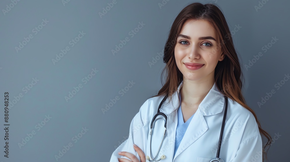 Confident female doctor in white coat with stethoscope standing with folded arms against gray background, representing healthcare professionals. Confident female doctor in white coat with stethoscope standing with folded arms against gray background, representing healthcare professionals.