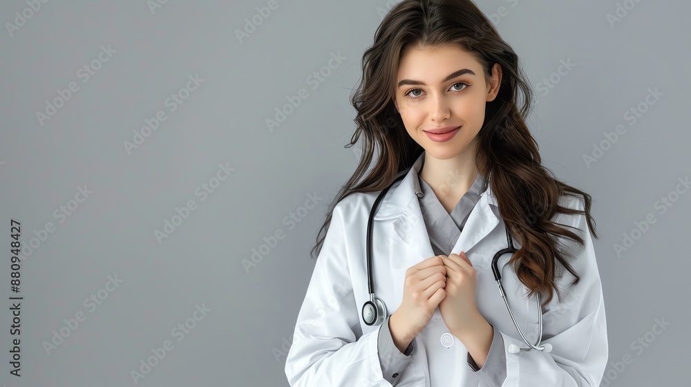Confident female doctor with stethoscope, wearing white lab coat, standing against grey background, looking at camera, medical professional portrait. Confident female doctor with stethoscope, wearing white lab coat, standing against grey background, looking at camera, medical professional portrait.