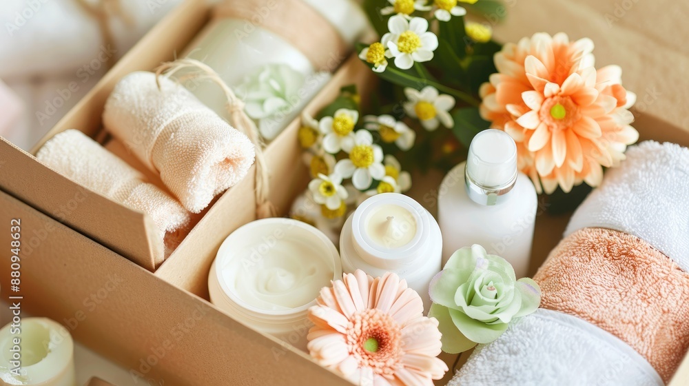 Bright spa treatment set displayed in a close up craft box Bright spa treatment set displayed in a close up craft box