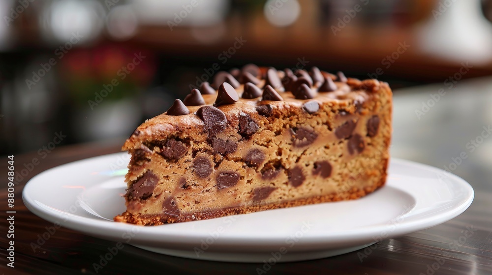 A giant slice of chocolate chip cookie cake with a generous amount of chocolate chips, served on a white plate. A giant slice of chocolate chip cookie cake with a generous amount of chocolate chips, served on a white plate.