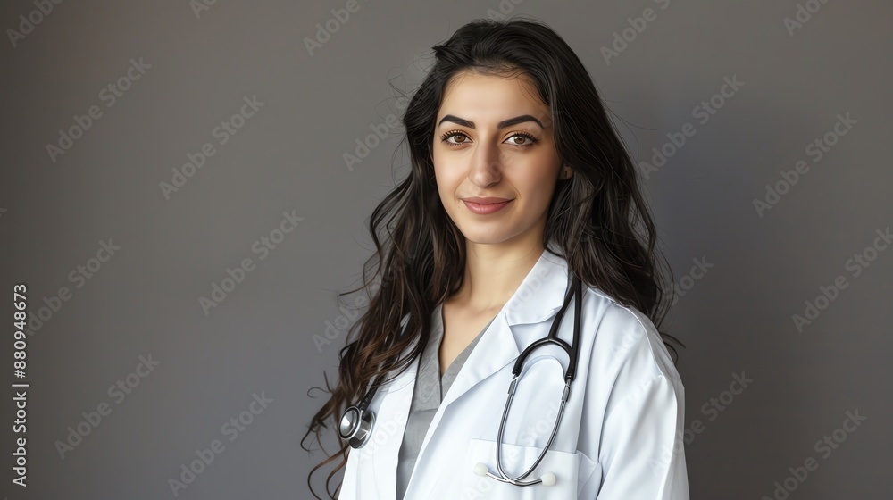 Confident female doctor with stethoscope around her neck, standing against a grey background and smiling.