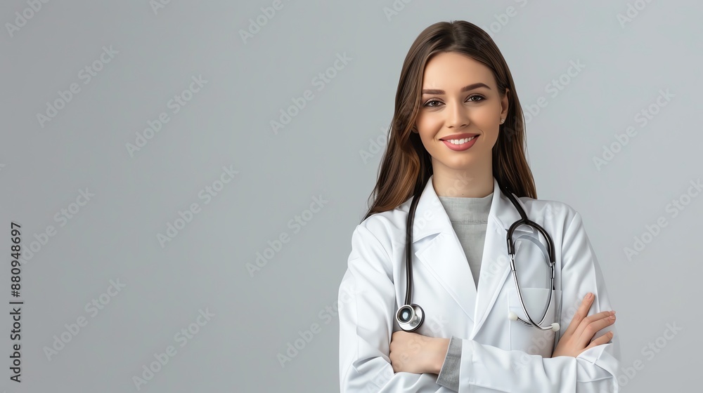 Young female doctor with stethoscope smiling confidently, arms crossed, wearing white coat on a light grey background. Young female doctor with stethoscope smiling confidently, arms crossed, wearing white coat on a light grey background.
