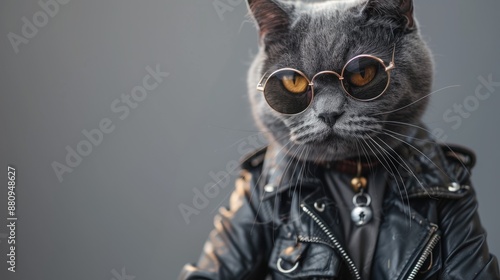 British cat in biker outfit on gray background with space for text photo