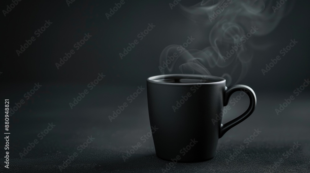 Black background with a full steamy black coffee mug Black background with a full steamy black coffee mug