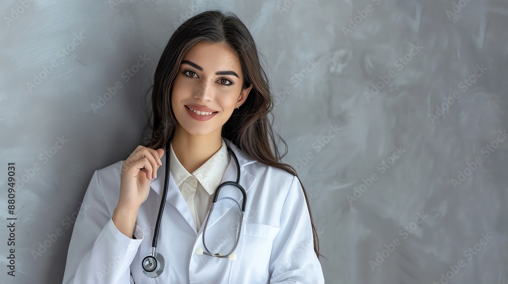 Confident female doctor in a white coat with a stethoscope, standing in front of a grey background, smiling and looking at the camera. Confident female doctor in a white coat with a stethoscope, standing in front of a grey background, smiling and looking at the camera.