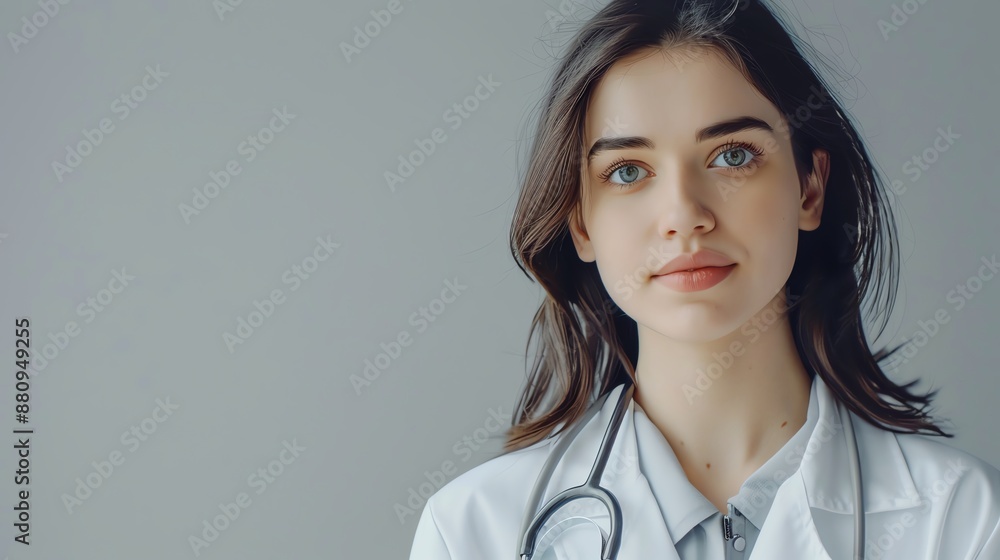Portrait of a confident young female doctor in a white coat with a stethoscope, standing against a neutral background. Portrait of a confident young female doctor in a white coat with a stethoscope, standing against a neutral background.