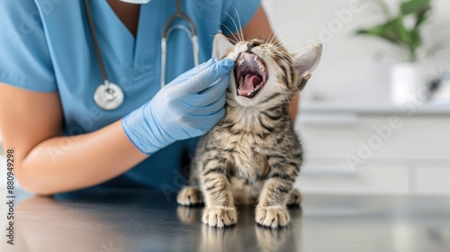 Veterinarian Checking a Cat s Teeth A veterinarian inspecting a cat's teeth on an examination table photo