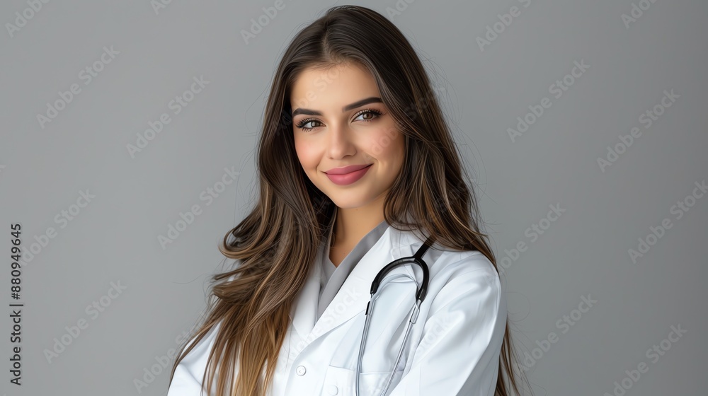 Young female doctor with long hair in white coat smiling, with stethoscope around neck, gray background, confident and professional. Young female doctor with long hair in white coat smiling, with stethoscope around neck, gray background, confident and professional.