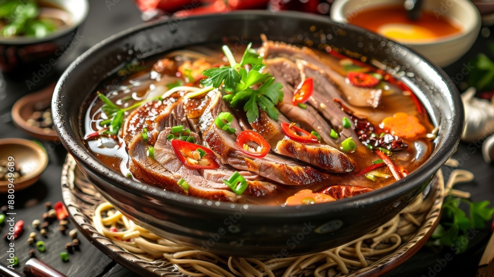 The national cuisine of Japan. Duck in spices with soup, noodles and herbs. The national cuisine of Japan. Duck in spices with soup, noodles and herbs.