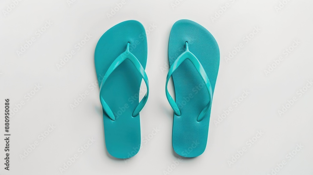 Turquoise rubber flip flops for women on white background top view Turquoise rubber flip flops for women on white background top view