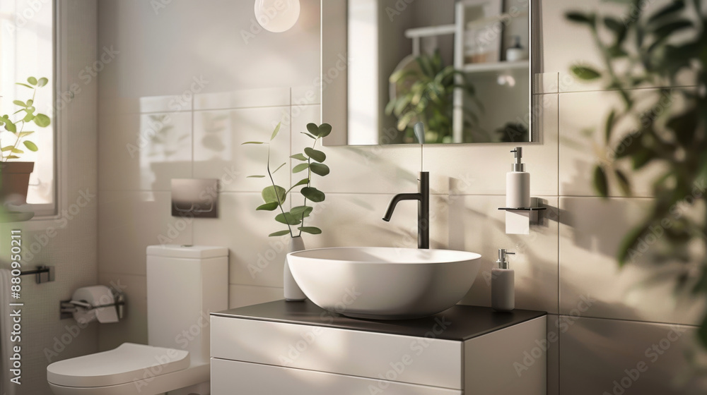 A minimalist bathroom with a toilet and sink in black and white colors A minimalist bathroom with a toilet and sink in black and white colors