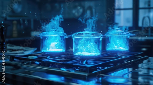 A supernatural scene unveils a futuristic kitchen where spectral ingredients are combined in levitating cauldrons