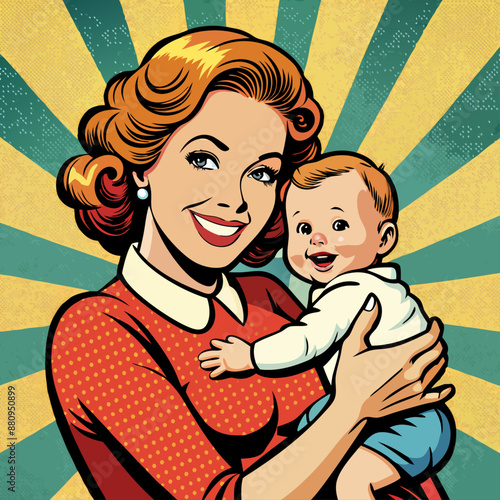 Mother with a child in her arms. Mothers Day. Pop art retro style. Beautiful woman in motherhood retro pop art style