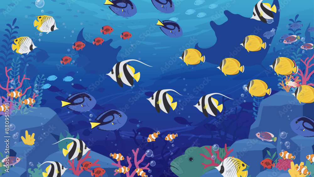 岩と珊瑚がある海底を熱帯魚が泳ぐ背景イラスト_16:9 岩と珊瑚がある海底を熱帯魚が泳ぐ背景イラスト_16:9