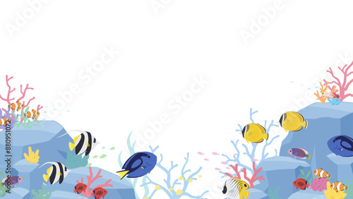 岩と珊瑚がある海底を熱帯魚が泳ぐ背景イラスト_16:9
