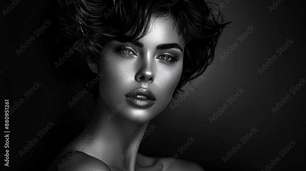 a woman in black and white with short wavy hair and bare shoulders. Studio photography with dramatic lighting. Fine art and beauty concept for design and print. Headshot a woman in black and white with short wavy hair and bare shoulders. Studio photography with dramatic lighting. Fine art and beauty concept for design and print. Headshot