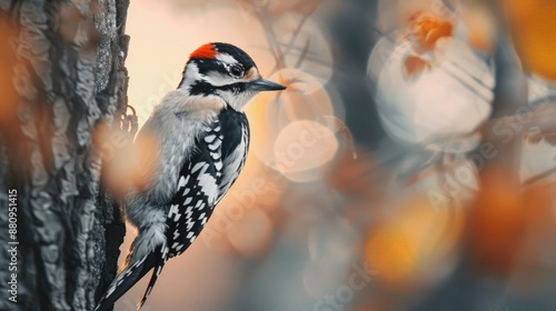 Male downy woodpecker resting on tree trunk
