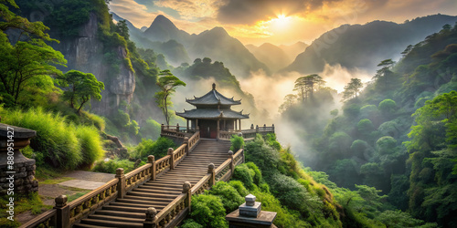 Serene misty mountain landscape with winding stairs leading to ancient temple gates, surrounded by lush greenery, symbolizing spiritual journey and harmony with nature. © Adisorn