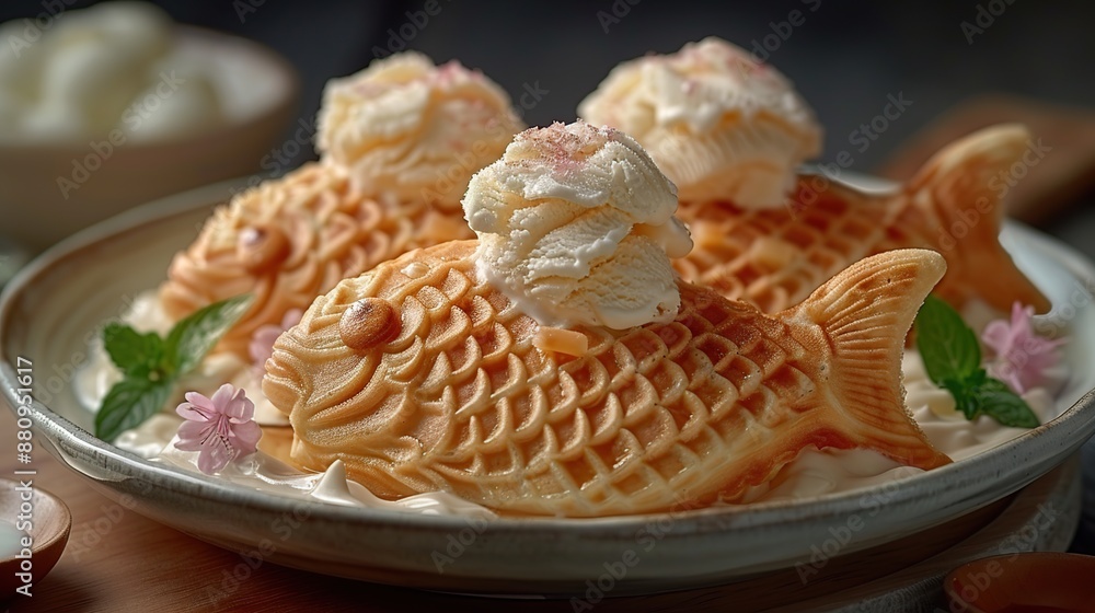 Japanese Fish-Shaped Waffles with Ice Cream Japanese Fish-Shaped Waffles with Ice Cream