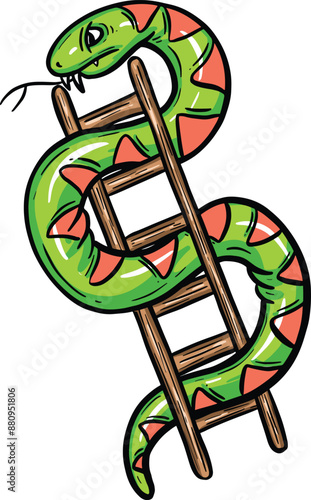 Cartoon Snake Climbing a Ladder Like the Retro Board Game Snakes & Ladders Hand Drawn