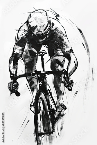 A black and white sketch of a cyclist
