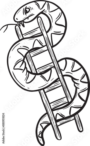 Cartoon Snake Climbing a Ladder Like the Retro Board Game Snakes & Ladders Hand Drawn