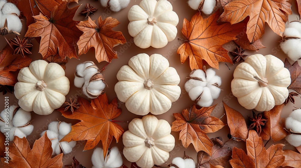 Fototapeta premium decorative pumpkins cotton maple leaves on pastel brown background flat lay top view overhead