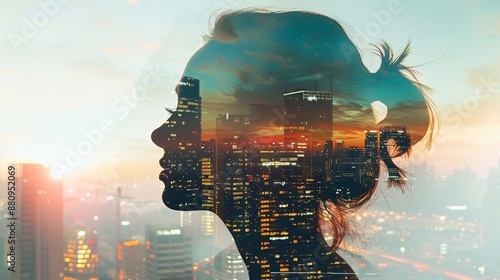 Businesswoman and Cityscape Blend. Captivating Double Exposure of Female Silhouette and Urban Skyline, Reflecting Modern Professionalism and Urban Life.