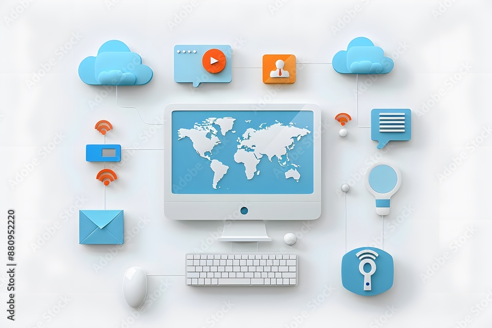 Modern digital communication with computer and cloud icons illustrating global connectivity Modern digital communication with computer and cloud icons illustrating global connectivity