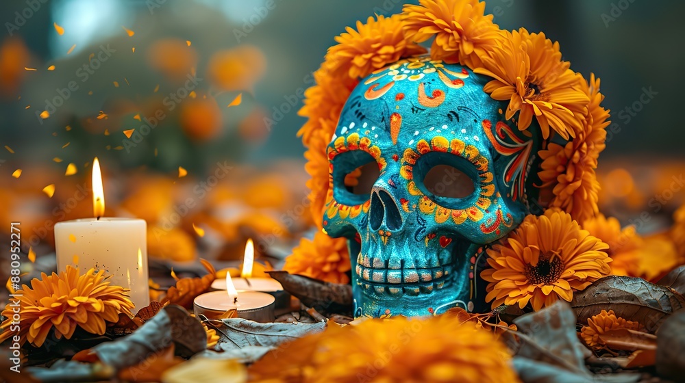 dia de los muertos day of the dead mexican holiday concept sugar skull,death masks candle flowers dia de los muertos day of the dead mexican holiday concept sugar skull,death masks candle flowers