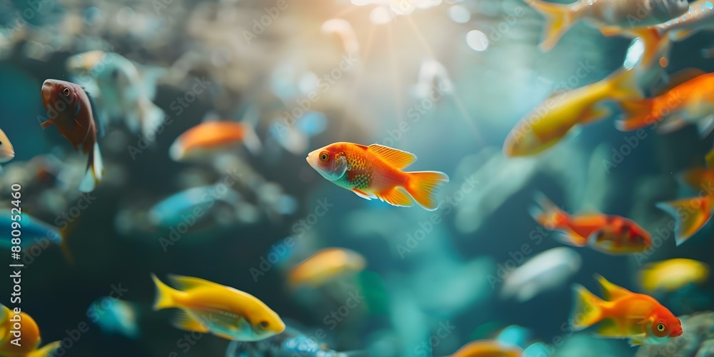 Fototapeta premium An aquarium teeming with a variety of colorful fish, perfect for both decoration and educational purposes. Concept Aquarium, Colorful Fish, Decoration, Educational, Marine Life