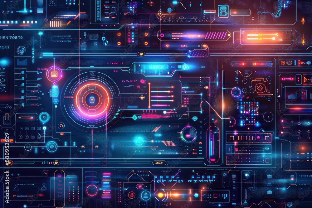 Modern flat design illustration of a digital interface. The background features abstract patterns, 3D effects, and tech-inspired elements like data streams and holographic displays. The use of Modern flat design illustration of a digital interface. The background features abstract patterns, 3D effects, and tech-inspired elements like data streams and holographic displays. The use of