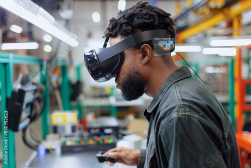 Employee Uses AR Headset for Precision Assembly in High-Tech Manufacturing Environment © spyrakot