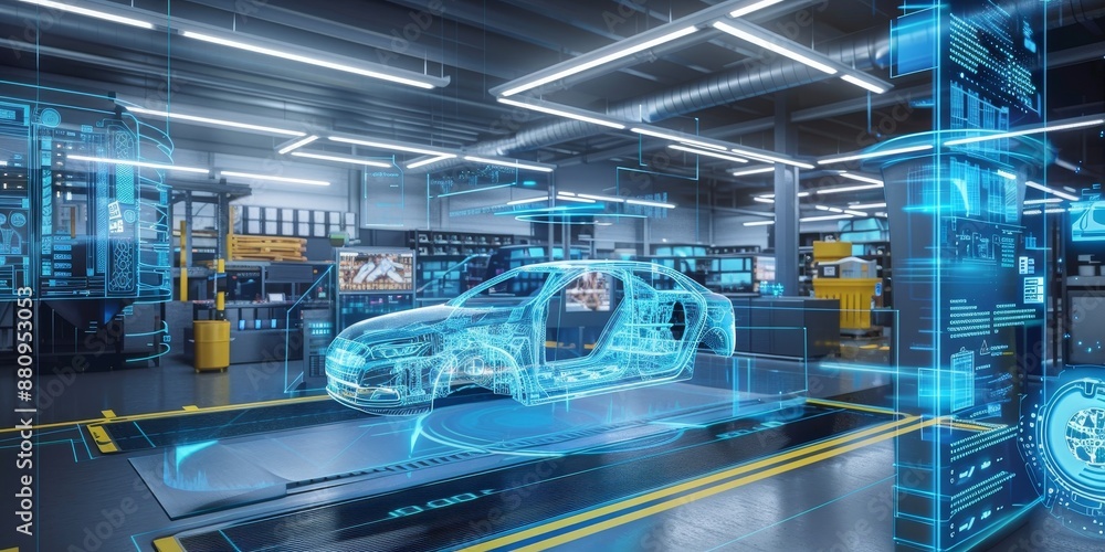 Digital twins technology, showcasing virtual replicas of physical assets for real-time monitoring, analysis, and optimization