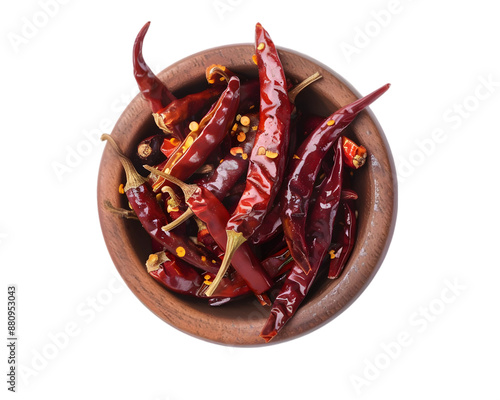 A bowl of red chili peppers on a white background