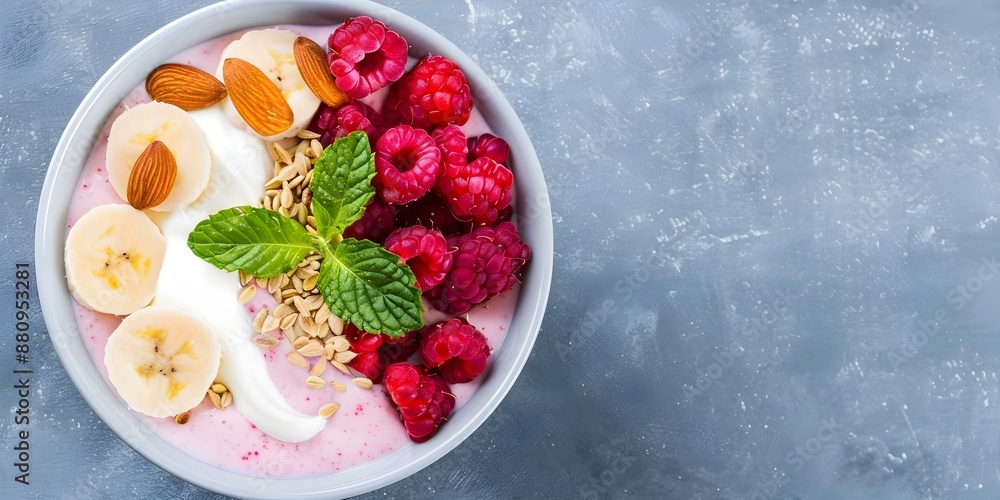 Nutritious Berry Banana Yogurt Dessert Bowl with Almonds and Seeds. Concept Dessert, Nutrition, Berries, Banana, Almonds, Seeds Nutritious Berry Banana Yogurt Dessert Bowl with Almonds and Seeds. Concept Dessert, Nutrition, Berries, Banana, Almonds, Seeds