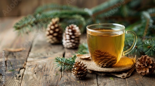 Fir tree tea in glass cup with cones on rustic wooden table green natural holiday drink concept