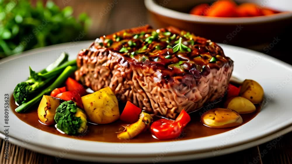 Deliciously prepared roast beef with a side of fresh vegetables Deliciously prepared roast beef with a side of fresh vegetables