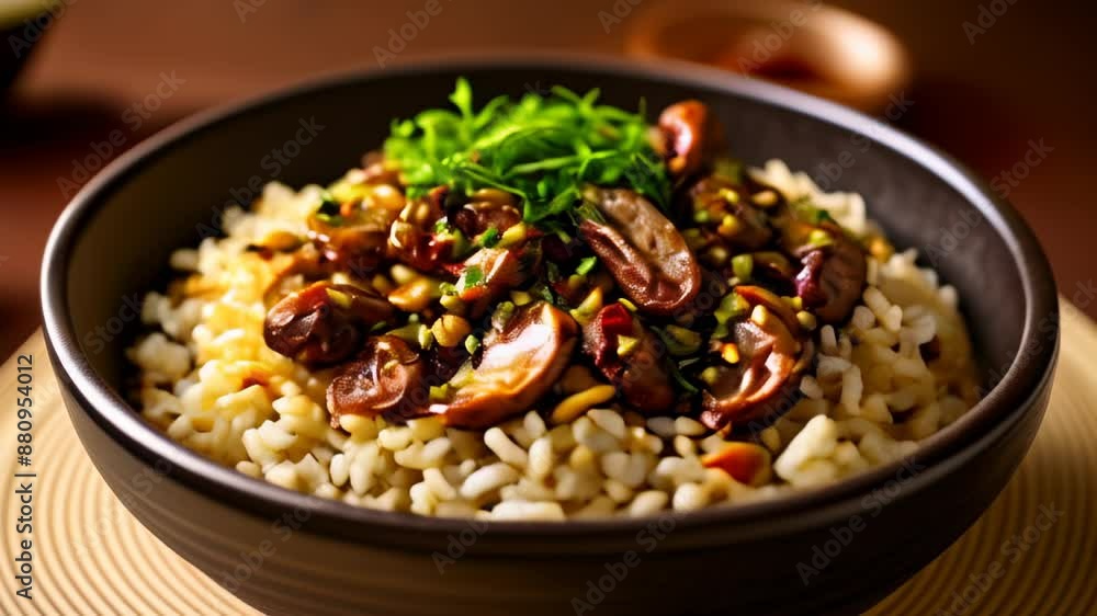 Deliciously seasoned rice with toppings ready to be savored Deliciously seasoned rice with toppings ready to be savored
