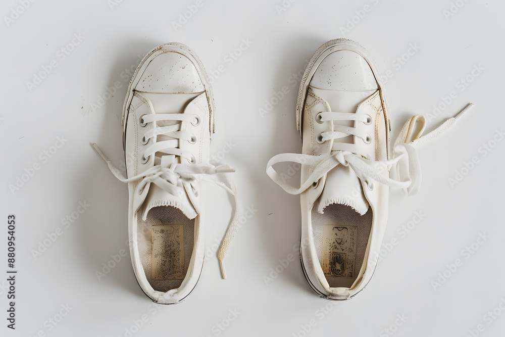 Top view pair of white used old dirty basic sneakers isolated on white background Top view pair of white used old dirty basic sneakers isolated on white background