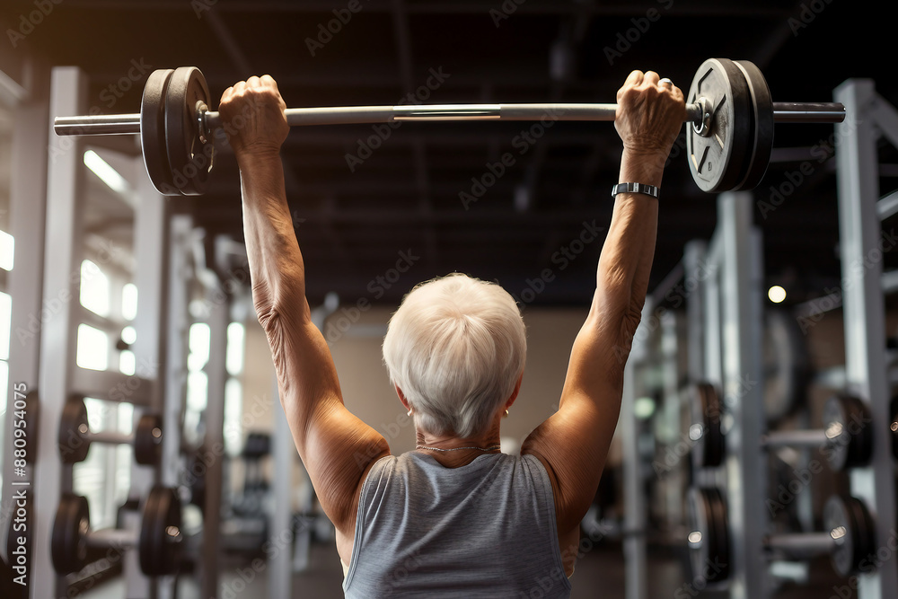 Naklejka premium Beautiful elderly people attending gym having healthy lifestyle way of life, modern indoors sports space, Generative AI