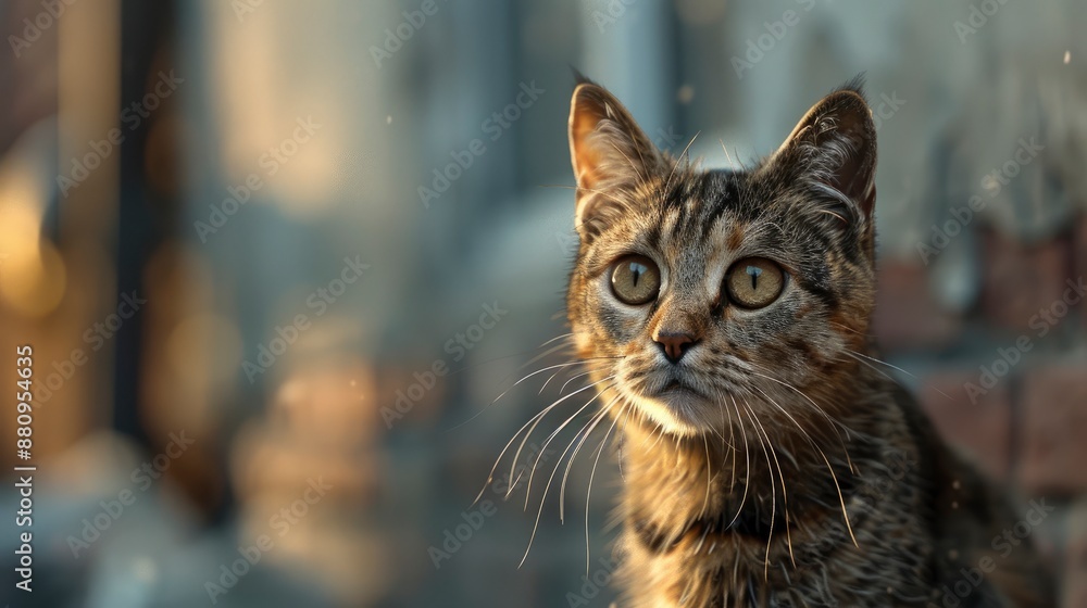 Startled stray cat, looking alert and cautious, urban setting with soft ambient lighting Startled stray cat, looking alert and cautious, urban setting with soft ambient lighting