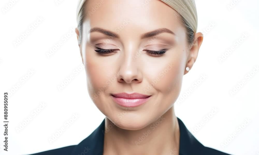 Confident businesswoman exudes success in professional office setting. Radiating leadership and positivity with bright smile and determined look in blue eyes Confident businesswoman exudes success in professional office setting. Radiating leadership and positivity with bright smile and determined look in blue eyes