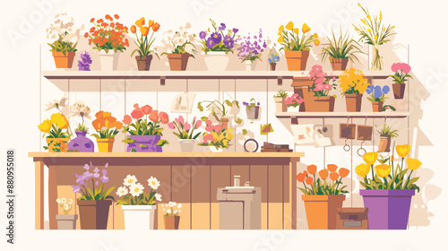 Background of flower shop. Counter with cash box 