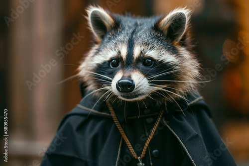 AI generated photo image of raccoon wearing clothes like clergyman photo